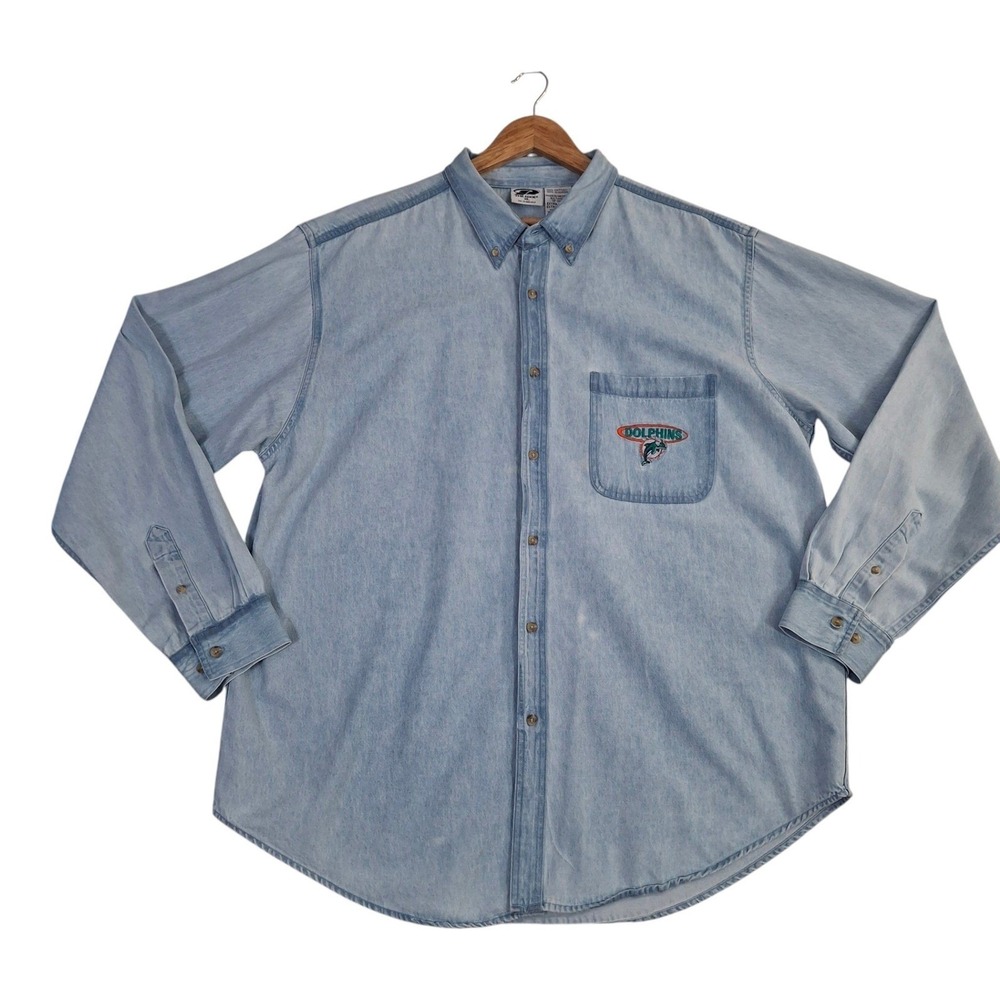 Vintage 1998 The Edge Miami Dolphins Denim Shirt Mens XL Blue Long Sleeve NFL